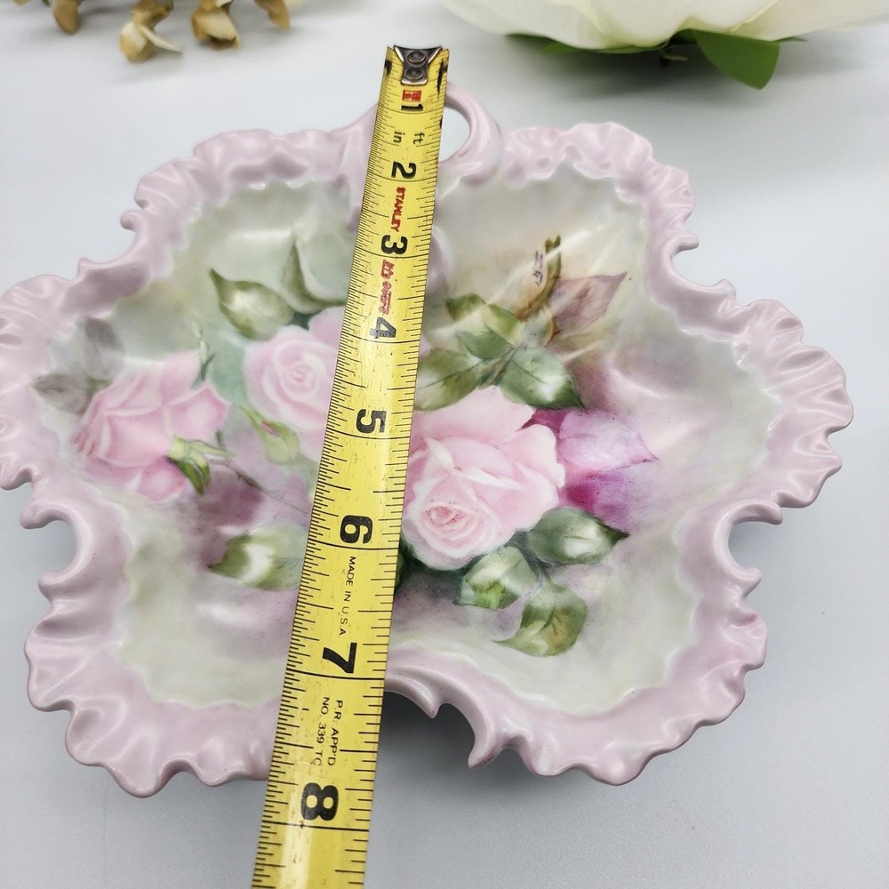 Beautiful Porcelain Hand Painted Victorian Roses Flowers Nappy Dish Pink Signed - Picture 8 of 11